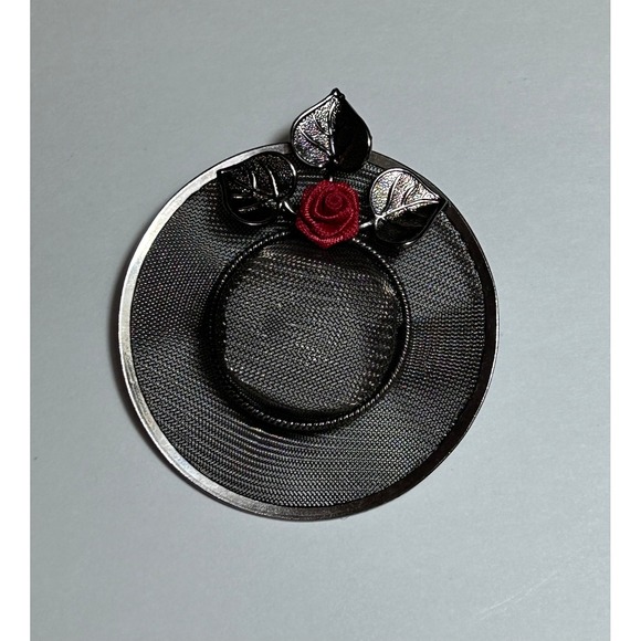 Unique Metal Hat Brooch Red Flower Wide Brim‎ Pewter Color - Picture 1 of 3